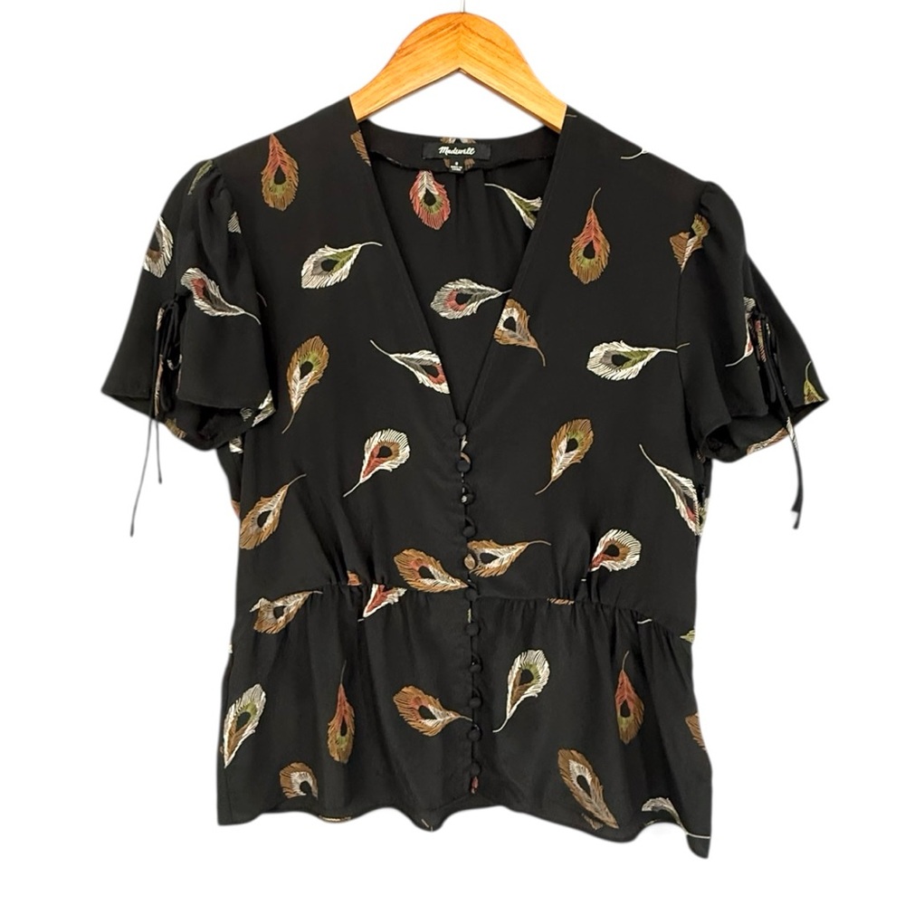 Madewell Silk Belle Top Size 0 Black Peacock Feather Print Tie Sleeves
